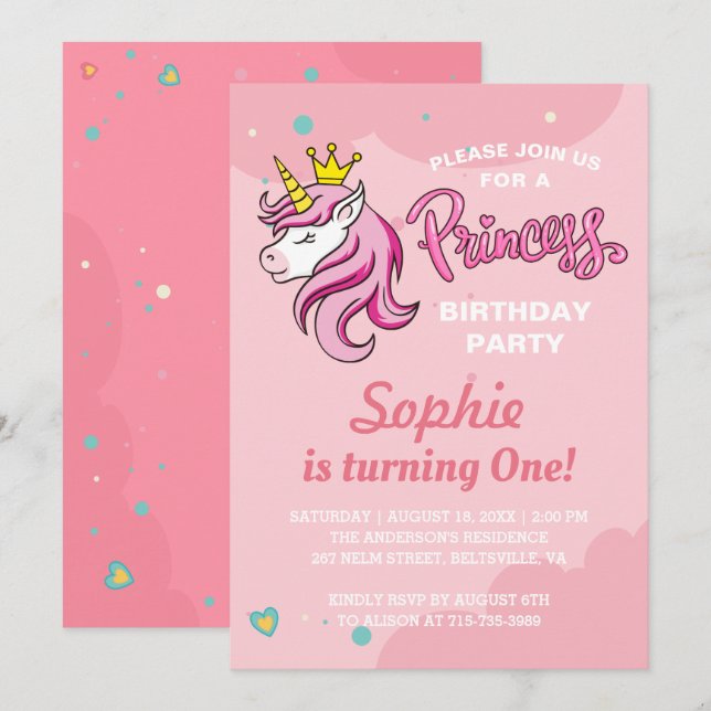 Girl Unicorn Princess Kids Baby Birthday Party Invitation (Front/Back)