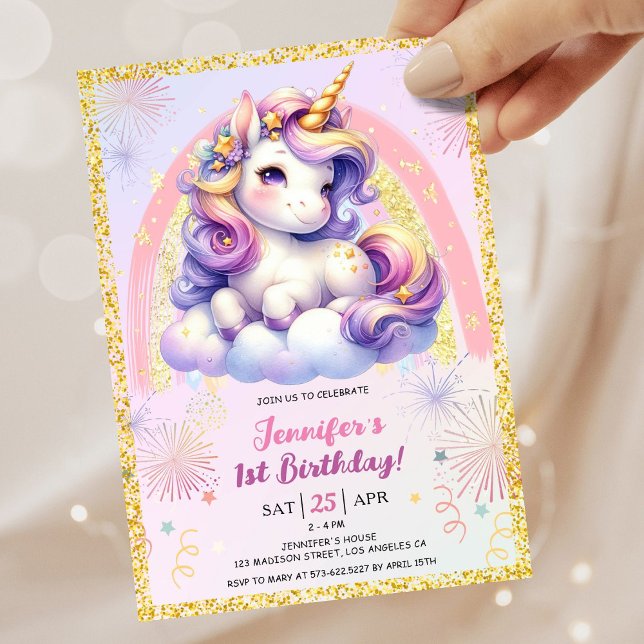 Girl Unicorn Purple Pink & Gold 1st Birthday Party Invitation (#UnicornBirthdayInvitation #UnicornBirthdayInvitationTemplate #UnicornBirthdayInvitationEditable 
)