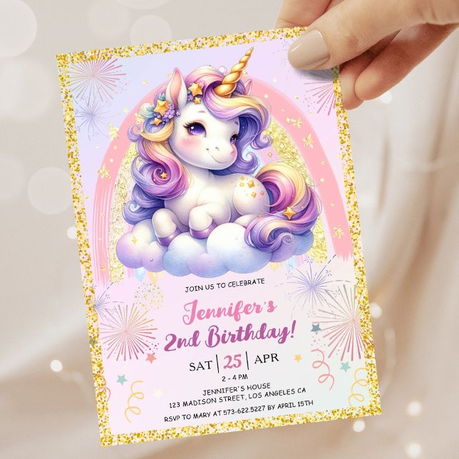 Girl Unicorn Purple Pink & Gold 2nd Birthday Party Invitation (#UnicornBirthdayInvitation #UnicornBirthdayInvitationTemplate #UnicornBirthdayInvitationEditable )