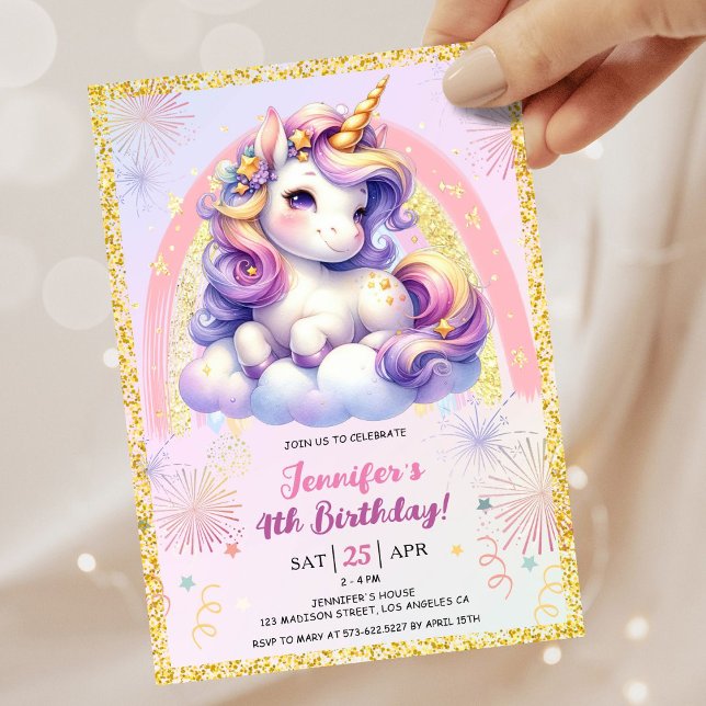Girl Unicorn Purple Pink & Gold 4th Birthday Party Invitation (#UnicornBirthdayInvitation #UnicornBirthdayInvitationTemplate #UnicornBirthdayInvitationEditable 
)