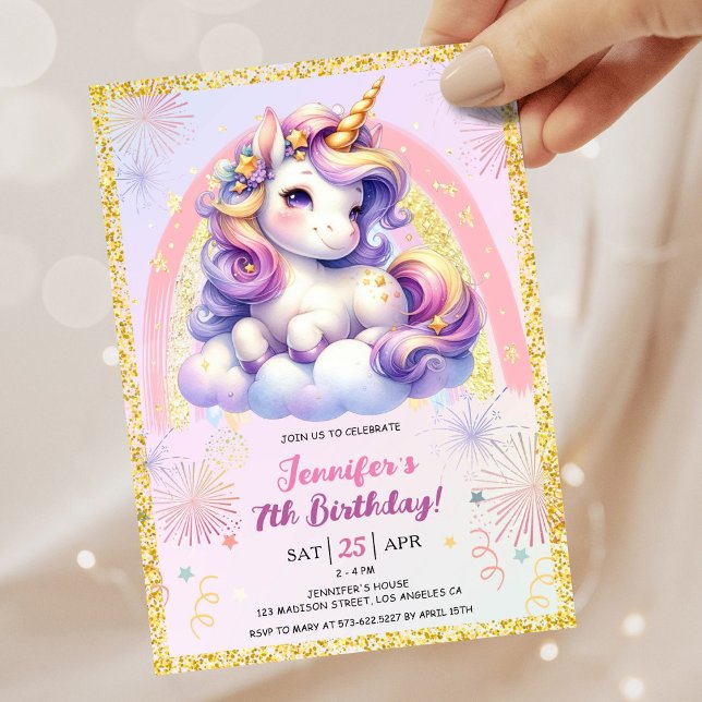 Girl Unicorn Purple Pink & Gold 7th Birthday Party Invitation (#UnicornBirthdayInvitation #UnicornBirthdayInvitationTemplate #UnicornBirthdayInvitationEditable 
)
