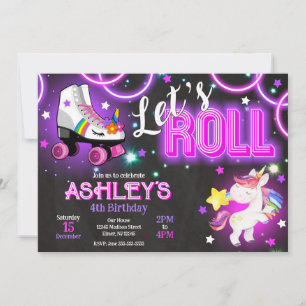 Girl Unicorn Roller Skating Birthday Neon Glow Invitation