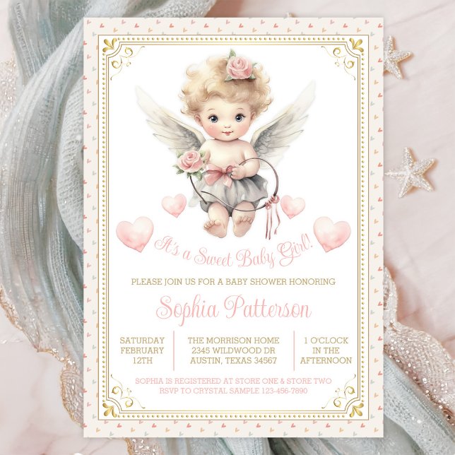 Girl Valentine Cherub Hearts Baby Shower Invitation (Cute sweetheart angel baby shower invitation. Instant download and printed invitations available.)