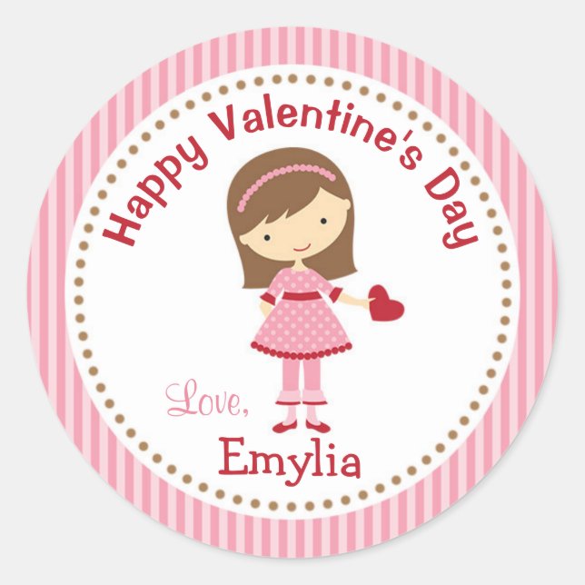 Girl Valentine Stickers (Pink) - Kids Brown Hair (Front)