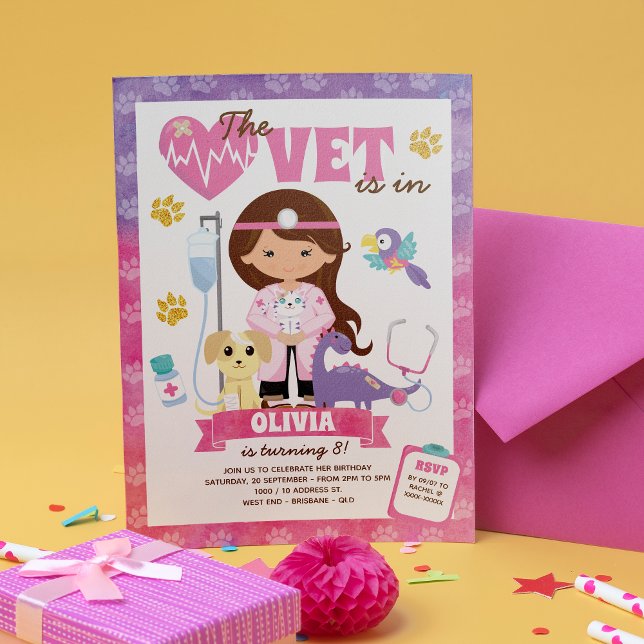 Girl Vet Birthday Party Invitation (The cat is definitely out of the bag on this girl’s vet birthday invitation.)