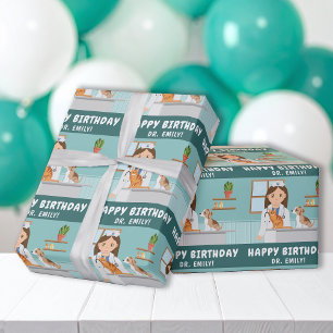 Girl Veterinarian Animal Clinic Happy Birthday Wrapping Paper
