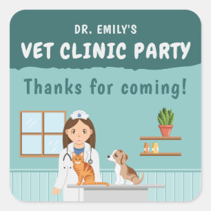 Girl Veterinarian Pet Clinic Birthday Thank You Square Sticker