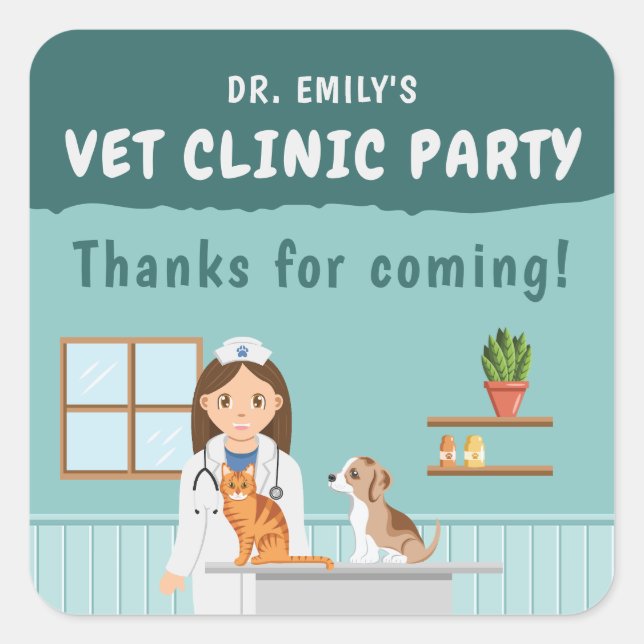 Girl Veterinarian Pet Clinic Birthday Thank You Square Sticker (Front)