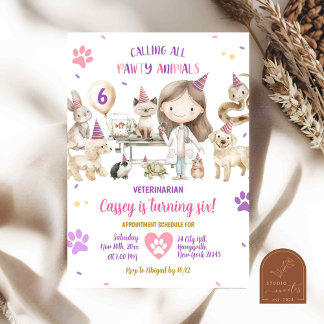 Girl Veterinary Animals Kids Birthday Party Invitation
