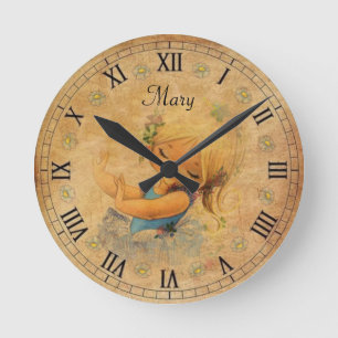 Girl Vintage with name (change) Round Clock