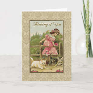 Girl w/ Cats Thinking of You Vintage Reproduction Card