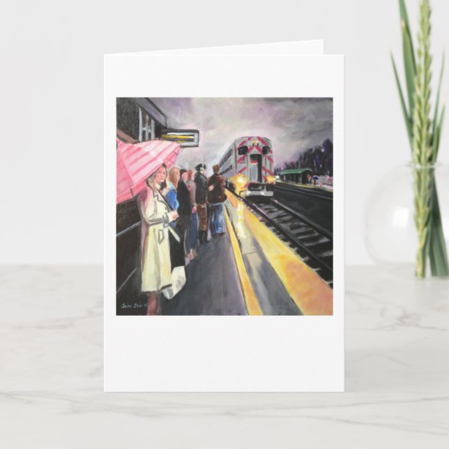 "Girl w/the Pink Umbrella/Caltrain" by Trina Chow Card (Front)
