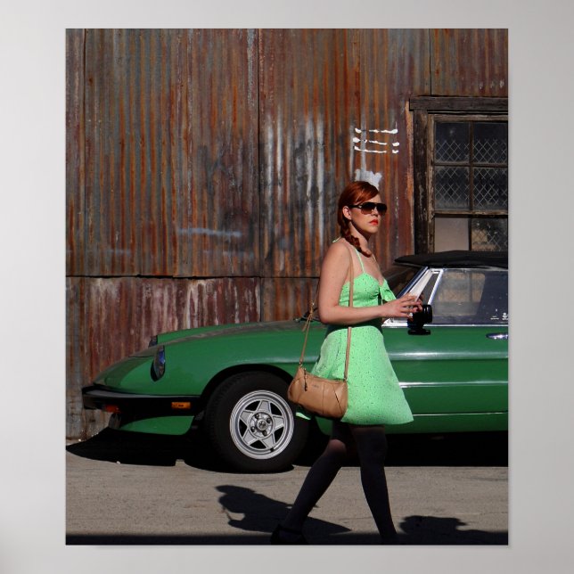 Girl Walking By Old Car & Rustic Building Poster (Front)