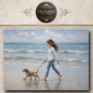 Girl Walking Dog Beach Decoupage Tissue Paper