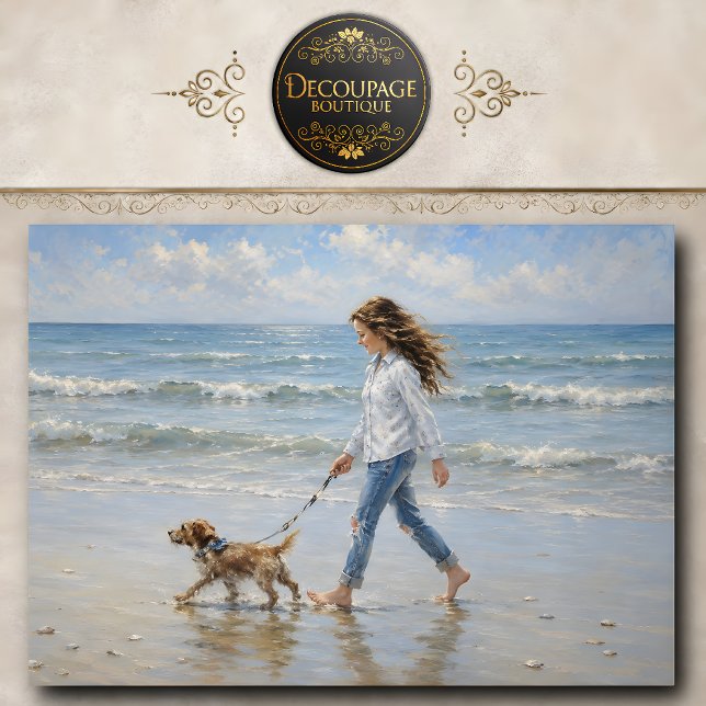 Girl Walking Dog Beach Decoupage Tissue Paper (Girl Walking Dog Beach Decoupage Tissue Paper)
