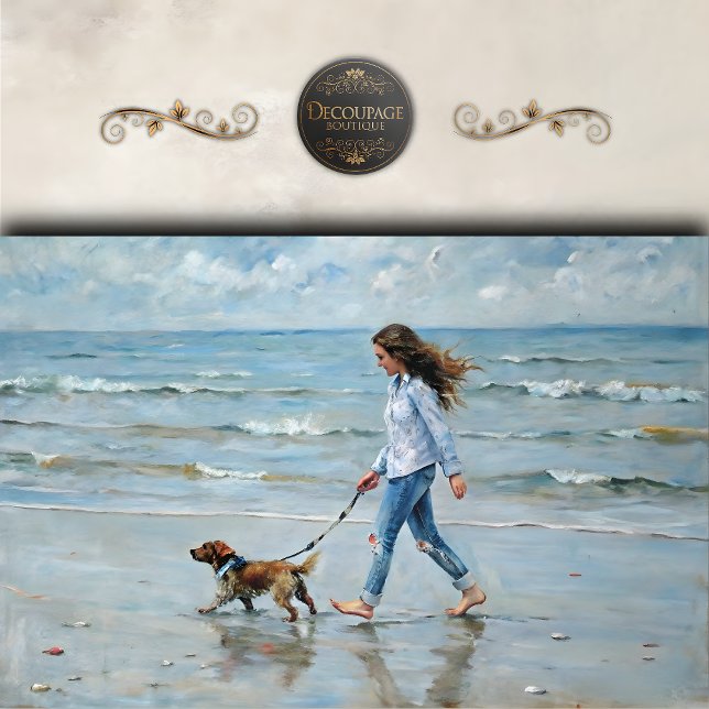 Girl Walking Dog on Beach Decoupage Tissue Paper (Girl Walking Don on Beach Decoupage Tissue Paper)