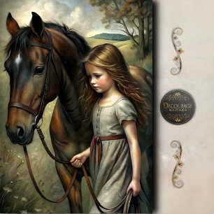 Girl Walking Horse Country Scene Decoupage Tissue Paper