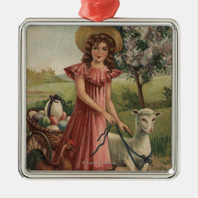 Girl Walking Lamb, Chick, and Rooster Metal Tree Decoration (Front)