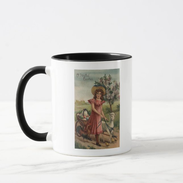 Girl Walking Lamb, Chick, and Rooster Mug (Left)