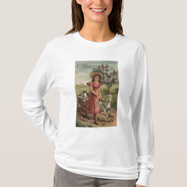 Girl Walking Lamb, Chick, and Rooster T-Shirt (Front)