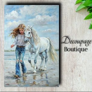 Girl Walks White Horse  Beach Farmhouse Decoupage Tissue Paper