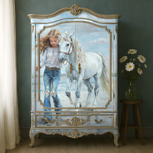 Girl Walks White Horse  Beach Farmhouse Decoupage Tissue Paper