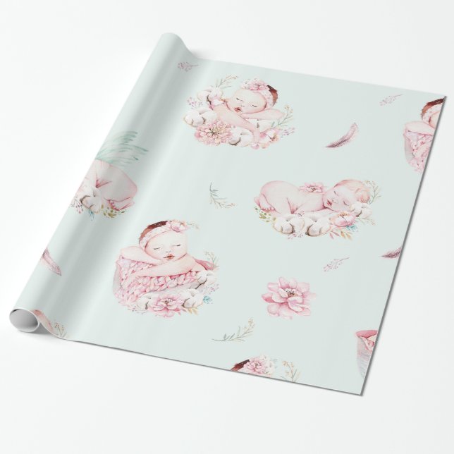 Girl Watercolor Babies Baby Shower Wrapping Paper (Unrolled)