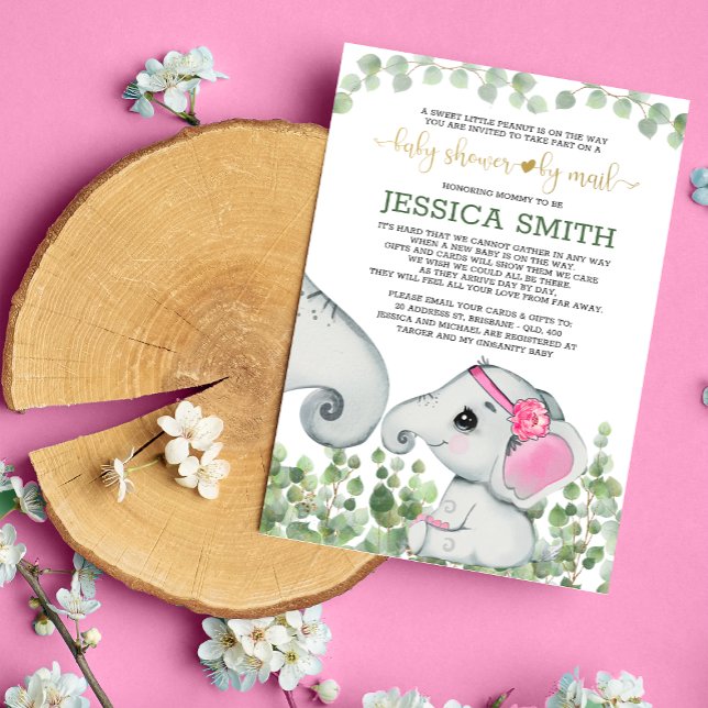 Girl Watercolor Elephant Baby Shower by Mail Invitation (Creator Uploaded)