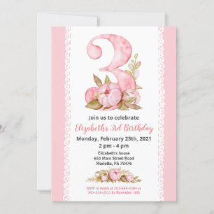 Girl Watercolor Floral 3rd Birthday Invitation