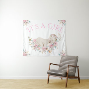 Girl Watercolor Floral Baby Shower Backdrop Banner Tapestry