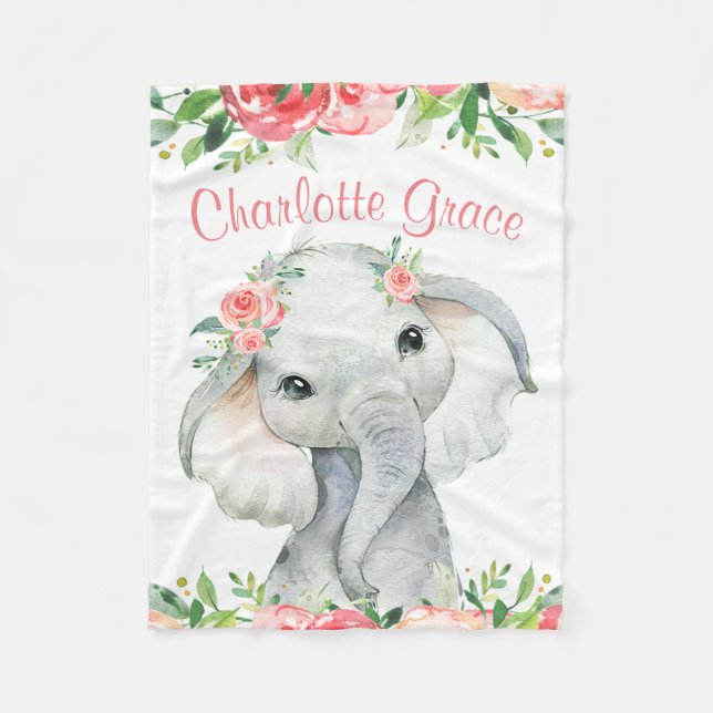 Girl Watercolor Floral Elephant Personalised Fleece Blanket (Front)