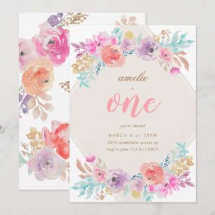 Girl Watercolor Flowers First Birthday Invitation