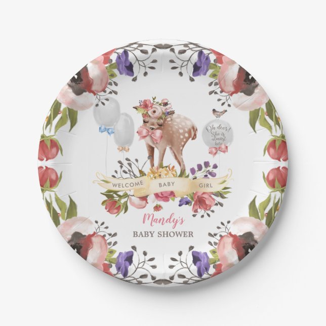 Girl Watercolor Oh Deer Baby Shower Paper Plate (Front)
