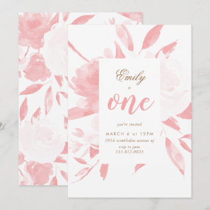 Girl Watercolor Pink First Birthday Invitation
