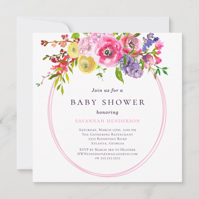 Girl Watercolor Pink Floral Baby Shower Invitation (Front)