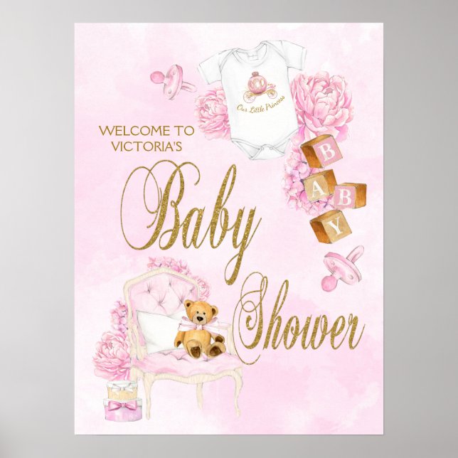Girl Watercolor Pink Gold Baby Shower Sign (Front)