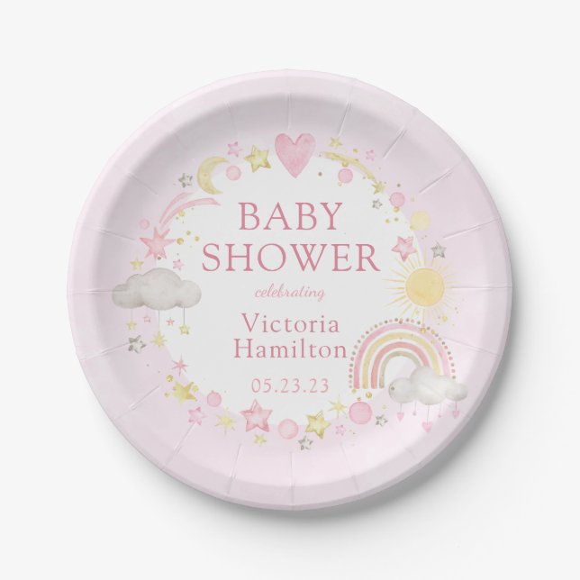 Girl Watercolor Rainbow Baby Shower Paper Plate (Front)