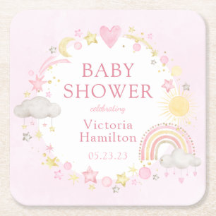 Girl Watercolor Rainbow Baby Shower Square Paper Coaster
