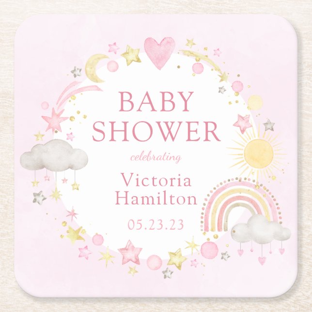 Girl Watercolor Rainbow Baby Shower Square Paper Coaster (Front)