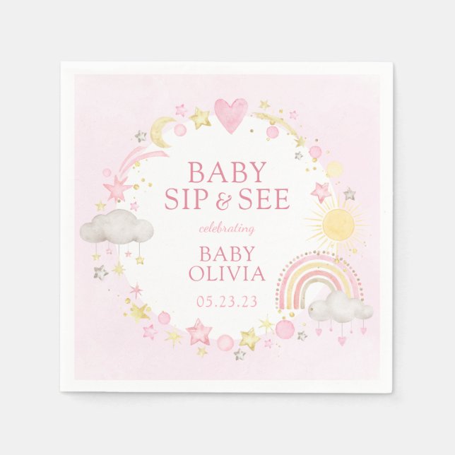 Girl Watercolor Rainbow Baby Sip And See Napkin (Front)