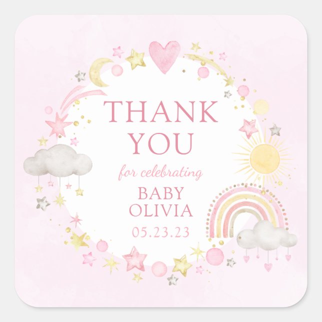 Girl Watercolor Rainbow Baby Sip And See Square Sticker (Front)