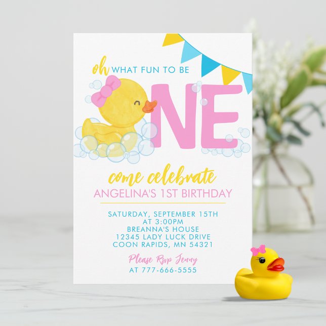 Girl Watercolor Rubber Duck 1st Birthday Party Invitation (Girl Rubber Duck 1st Birthday Invitations. Available printed with envelopes or digital download)