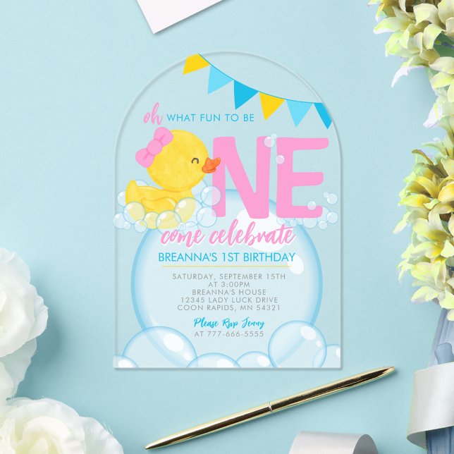 Girl Watercolor Rubber Duck 1st Birthday Unique Acrylic Invitations (Oh What fun to be ONE Girls 1st Birthday Rubber Duck Party Invitations)