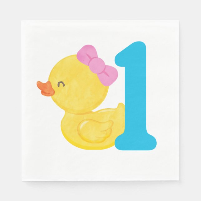 Girl Watercolor Rubber Duck Birthday Party Napkin (Front)