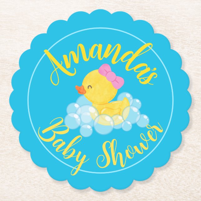 Girl Watercolor Rubber Duck Party Paper Coasters (Front)