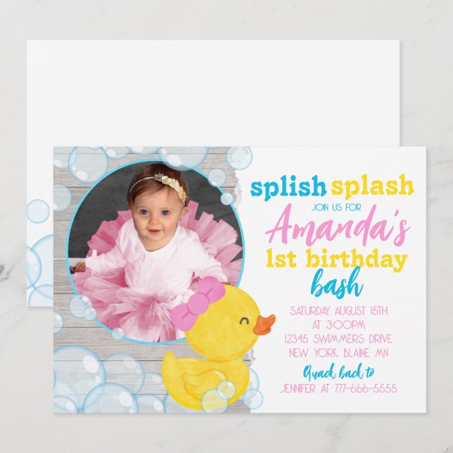 Girl Watercolor Rubber Duck Photo Birthday Invitation (Front/Back)