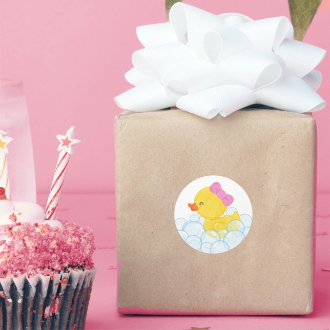 Girl Watercolor Rubber Duck Round Stickers (Girl Watercolor Rubber Duck Party Stickers for Duck Birthday or Baby Shower)