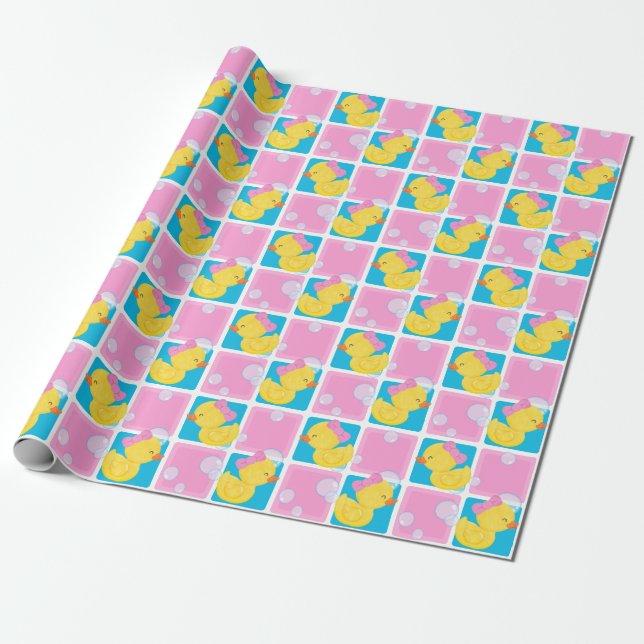Girl Watercolor Rubber Ducky Party Wrapping Paper (Unrolled)
