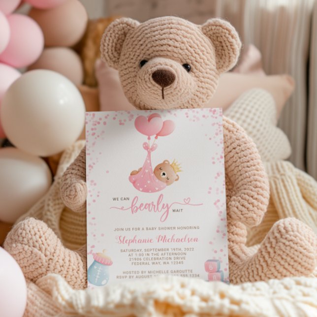 Girl We Can Bearly Wait Baby Shower & Book Request Invitation (Girl We Can Bearly Wait Baby Shower & Book Request Invitation)