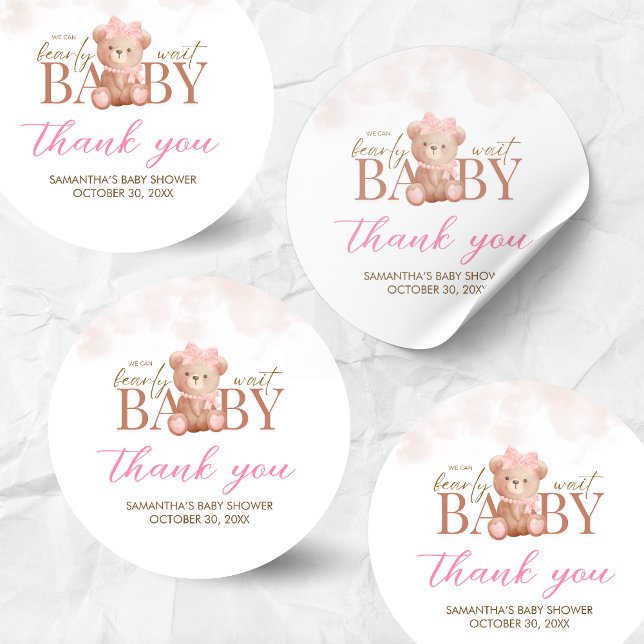 Girl We Can Bearly Wait Baby Shower Classic Round Sticker (We Can Bearly Wait Pink Bear Baby Shower Sticker)